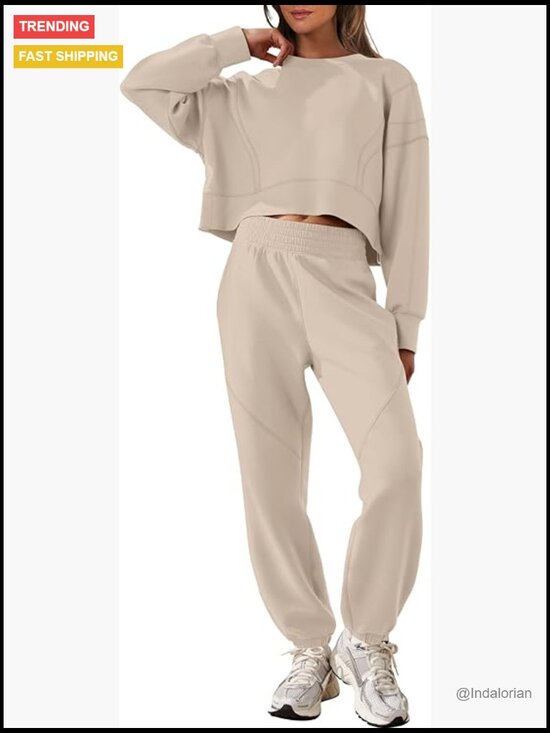 Pants - Cropped Sweatshirt Joggers Lounge Set Loose Fit Rayon Polyester Elastane